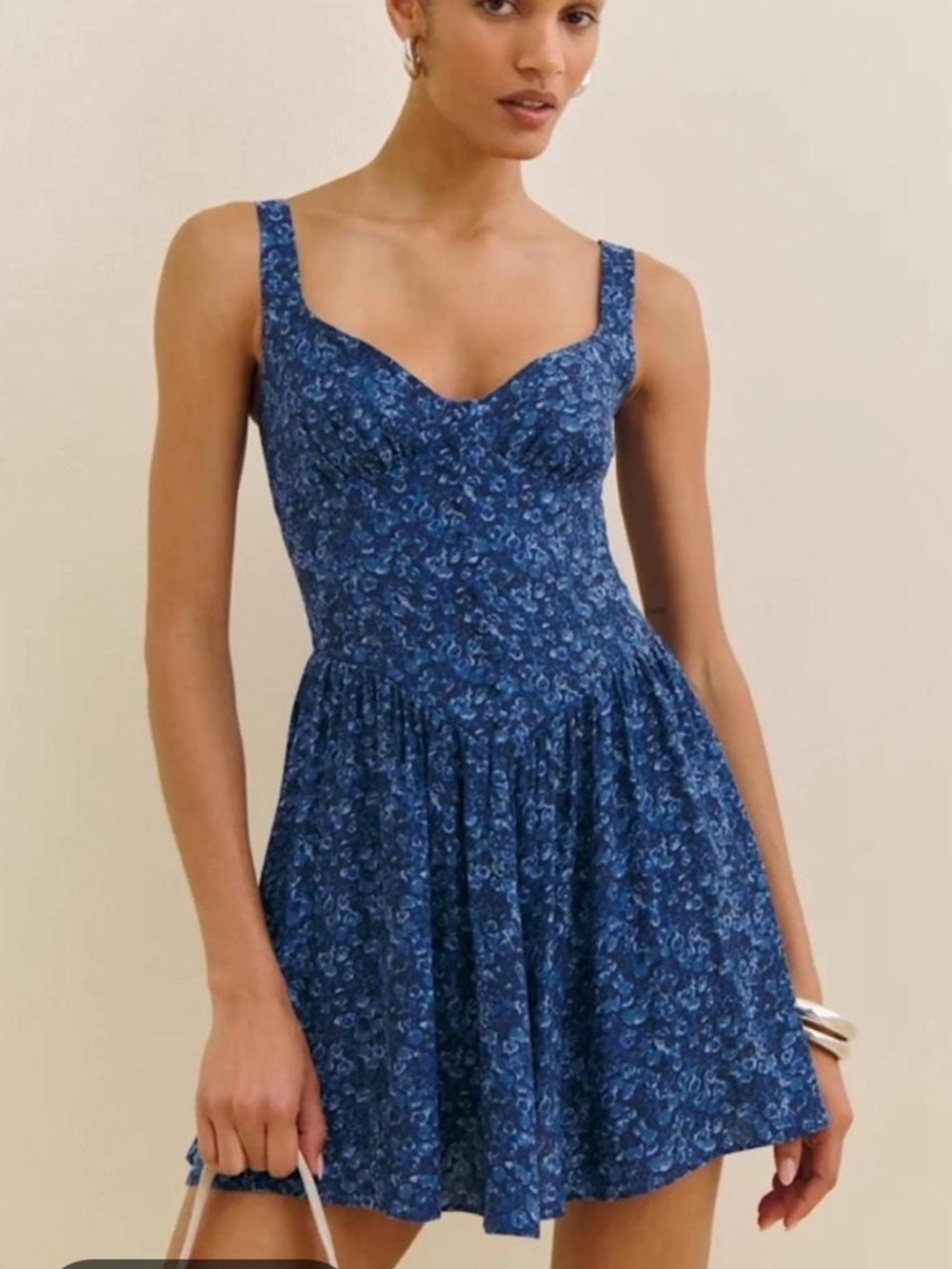 Reformation Navy Blue Floral Sweetheart Mini Dress